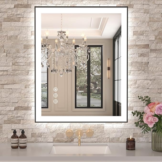 Amorho 24"x 36" LED Bathroom Mirror with Black Frame, Front Light and Backlit(Controlled Separately), Stepless Dimmable, Anti-Fog, Shatter-Proof, 3 Colors, Memory