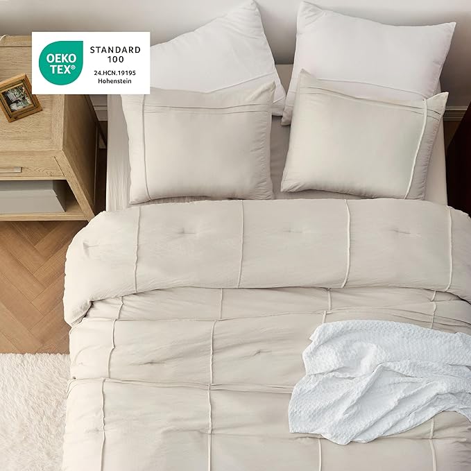 Bedsure Full Comforter Set - 4 Pieces Grid Pleat Bed Set, Beige Boho Bedding for All Season, 1 Soft Comforter, 2 Pillowcases, 1 Decorative Pillow