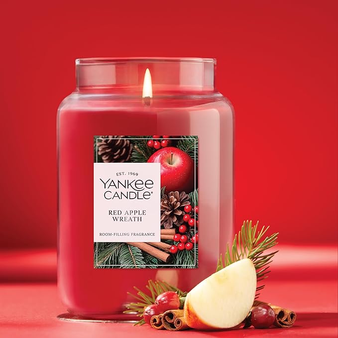 Yankee Candle Red Apple Wreath, Fall Scented Candle, 22oz Large Jar with up to 150 Hour Burn Time