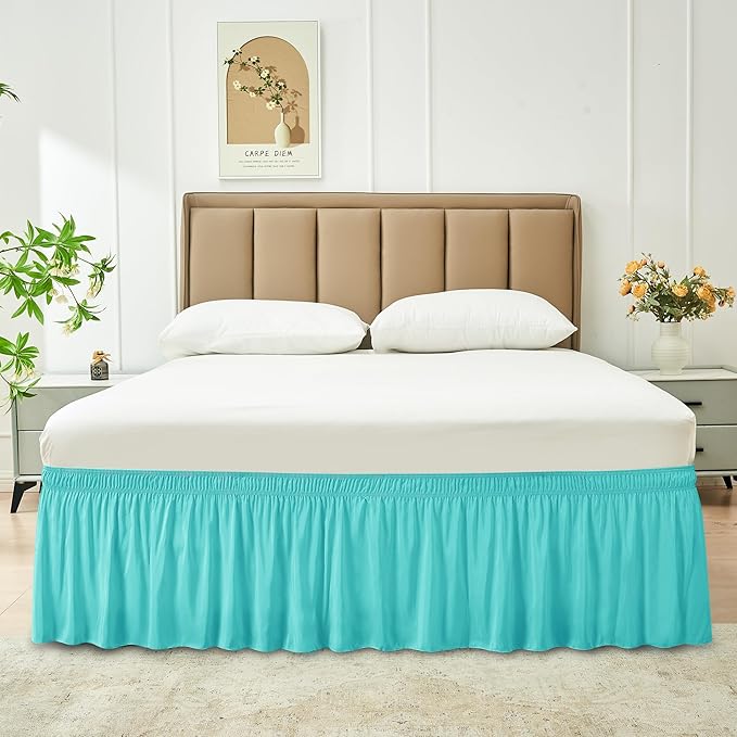 Biscaynebay Wrap Around Bed Skirts for King & Cal King Beds 14" Drop, Aqua Adjustable Elastic Dust Ruffles Easy Fit Wrinkle Resistant Silky Luxurious Fabric Machine Washable