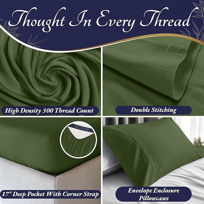 DECOLURE 100% Viscose Derived from Bamboo Sheets Full Size 4pcs - Ultra Soft & Luxuriously Cooling, 17" Deep Pocket, Double Stitching, Perfect for Hot Sleepers - Full Bed Sheets (Olive)