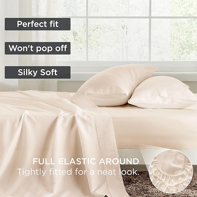 Bedsure Full Size Bed Sheets - 4 Pieces Soft Full Sheet Set - Breathable & Cooling - Hotel Luxury - Easy Care Polyester Microfiber Bedding for Women, Men, Light Beige
