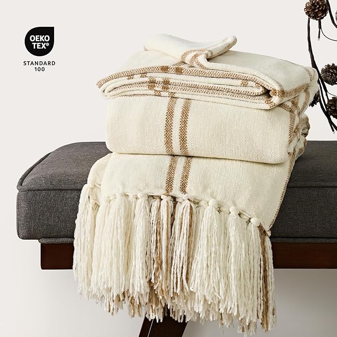 EVERGRACE Plaid Chenille Throw Blanket for Couch, Super Soft Cozy Decorative Windowpane Grid Plaid Throw with Tassels, Lightweight Chenille Knit Throw for Bed Sofa Gift, Cream & Beige 50"x60"