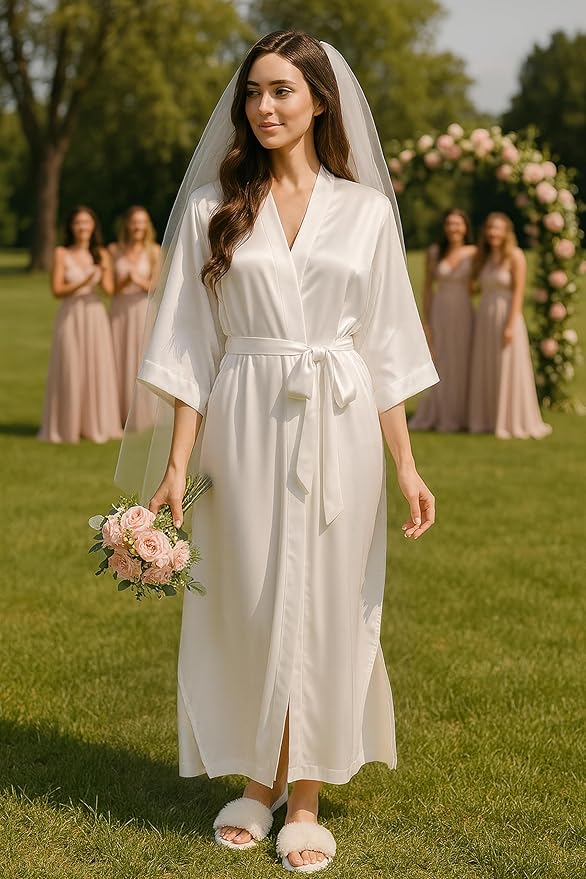 PRODESIGN Satin Kimono Robe Women Long Silky Kimono Bathrobe Sleepwear Wedding Bridesmaid Robe