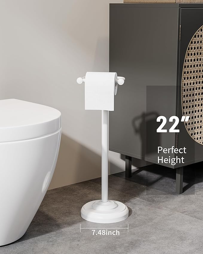 Toilet Paper Holder Stand, White Toilet Paper Holder Free Standing, Post Pivoting Design & Stable Weighted Base SUS304 Stainless Steel for Bathroom (Mega Roll)