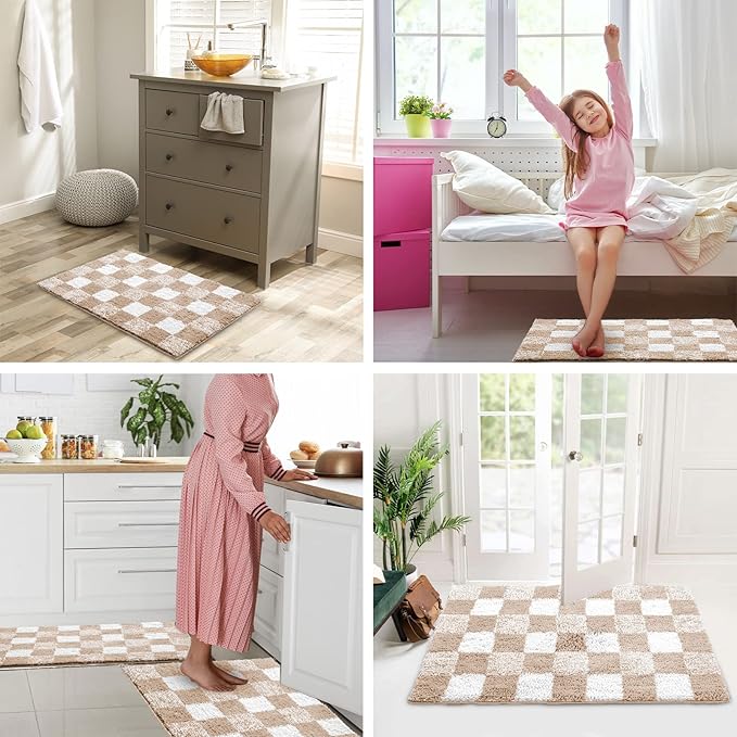 CozeCube Bath mats for Bathroom Non Slip, Fluffy Absorbent Microfiber Bath mat Washable, Aesthetic Bathroom Rugs, Long Beige Checkered Bath mat, Beige, 47" x 24"
