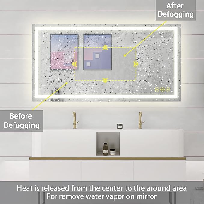 Wall-Mounted LED Square Bathroom Mirror, Makeup Mirror (36 inches x 24 inches,) 3 Color Stepless Dimmable Memory Bathroom Vanity Mirror with Lights CRI90+ 3000-6400K Smart Mirror with Touch