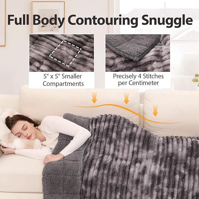 Sherpa Fleece Weighted Blanket with 3D Ribbed Stripes, 15 lbs Soft Flannel Heavy Throw Blanket for Couch Bed Sofa, Heavy Thick Blankets with Ceramic Beads, Great for Sleep, 48" x 72"