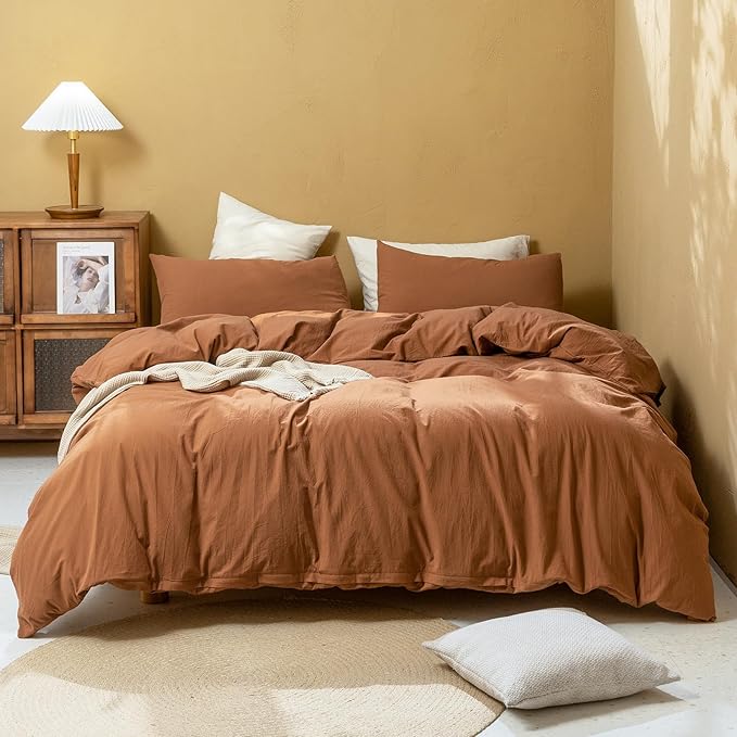 FOSSA Duvet Cover Set 100% Washed Cotton Linen Feel Super Soft Breathable Cozy Simple Style 3 Pieces Bedding Sets Solid Dark Orange Full/Double