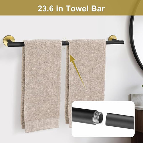 5 Pieces Black and Gold Bathroom Hardware Accessories Set, Upgraded Towel Bar Toilet Paper Holder Towel Racks Set for Bathroom Stainless Steel Wall Mounted 23.6 in