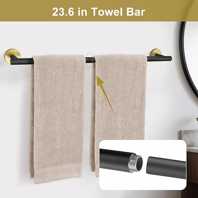 Black and Gold Towel Bar Bathroom Hardware Accessories Set, 10 Pieces Upgraded Round Toilet Paper Holder Towel Rack for Bathroom Wall Mounted, 23.6 Inch Stainless Steel Towel Rods for Bathroom