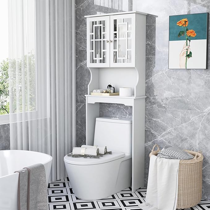 BestComfort Over The Toilet Storage Cabinet, Home Bathroom Space Saver Organizer Above Toilet, Double Doors and Adjustable Shelf, Wooden Freestanding Toilet Storage Rack Unit, 67 in H (White)