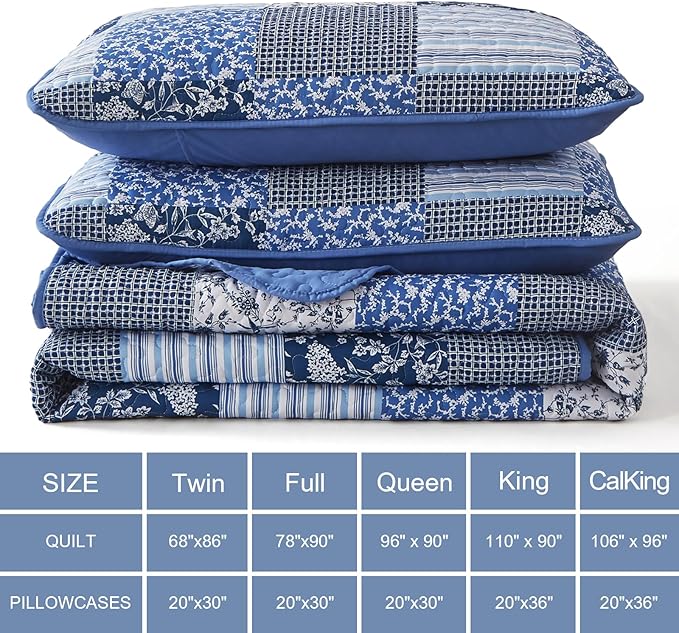Mybedsoul Blue Boho Quilt Set Queen Size,3 Pieces Plaid Floral Bedspread Coverlet Set for All Season,Patchwork Reversible Bedding Set Queen 90"x96"
