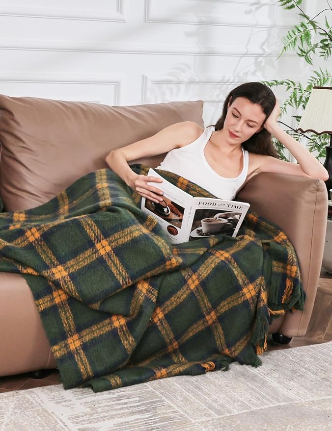 ZonLi Green Plaid Throw Blanket for Couch, Checkered Throw Blanket for Home Decor, Soft Lightweight Cozy All Season Decorative Vintage Blankets with Tassel for Bed and Sofa, 50'' x 60''
