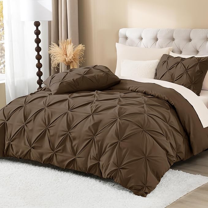Litanika Brown King Pinch Pleat Duvet Cover, 3 Pieces Pintuck Cover Soft Microfiber Bedding Set with Zipper Closure & Corner Ties(104x90Inch-1 Duvet Cover, 2 Pillowcases)