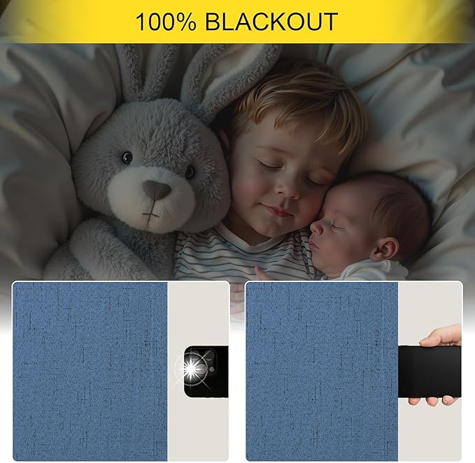 Denim Blue Blackout Drapes 96 Inches Long 2 Panel Burg Cute Linen Textured Modern Farmhouse Living Room Darkening Curtain for Bedroom Viral Sound Deadening Insulated Thermal Back Tab Pleated 96 Length