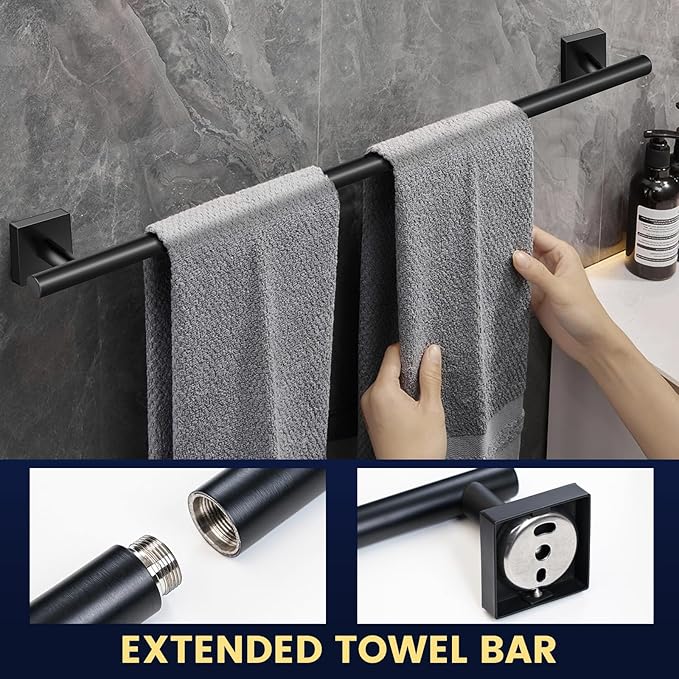Bathroom Hardware Set 4 Pieces, Matte Black Stainless Steel Towel Bar Set, Includes 24In Towel Bar, Towel Ring, Robe Towel Hooks,Toilet Paper Holder, Wall Mounted Towel Rack Set