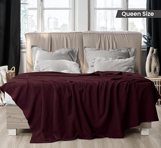 Utopia Bedding Burgundy 100% Cotton Blanket [Queen Size - 90x90 Inch] 350GSM Lightweight, Soft and Breathable Thermal Blanket for All Seasons