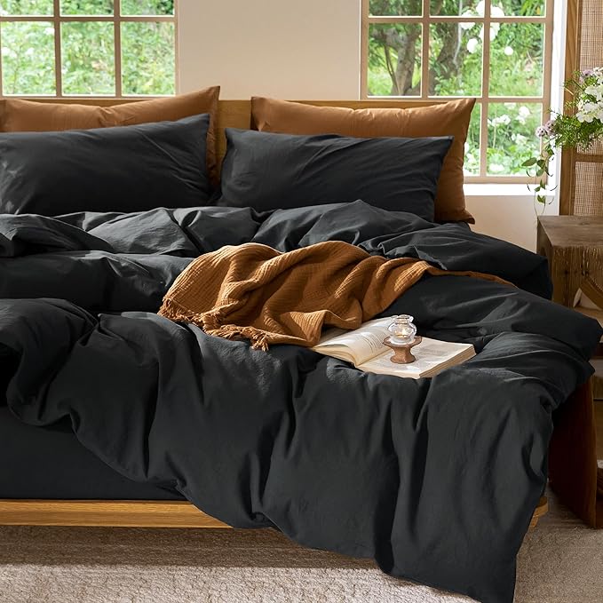 MooMee Bedding Duvet Cover Set 100% Washed Cotton Linen Like Textured Breathable Durable Soft Comfy (Solid Black, Super King Plus 120"x120")