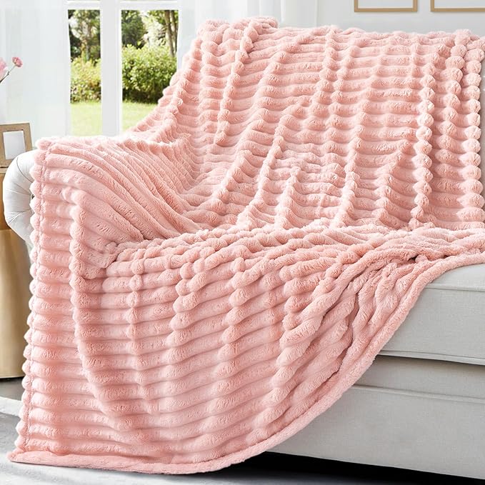 decorUhome Christmas Soft Fleece Pink Blanket Queen Size for Bed, Cozy Fluffy Plush Flannel Large Striped Throws for Couch Sofa, Lightweight Decorative Fuzzy Blanket for Woman, 90x90 Inches