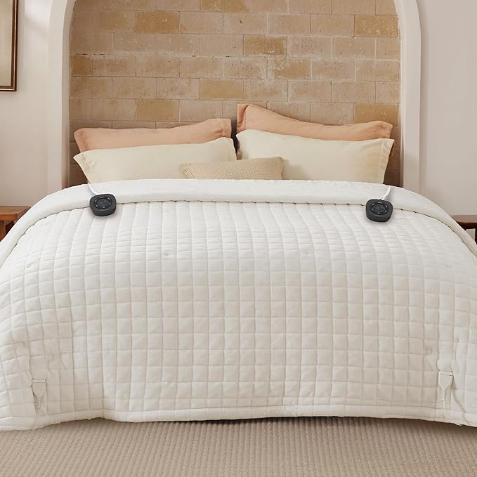 Bedsure Electric Blanket King Size - Quilted Winter Bedding of Thick Flannel, Dual Control Heated Blanket with 10 Heat & 10 Time Settings, Fast Heating for Cold Sleepers (100x90 inches, Ivory)