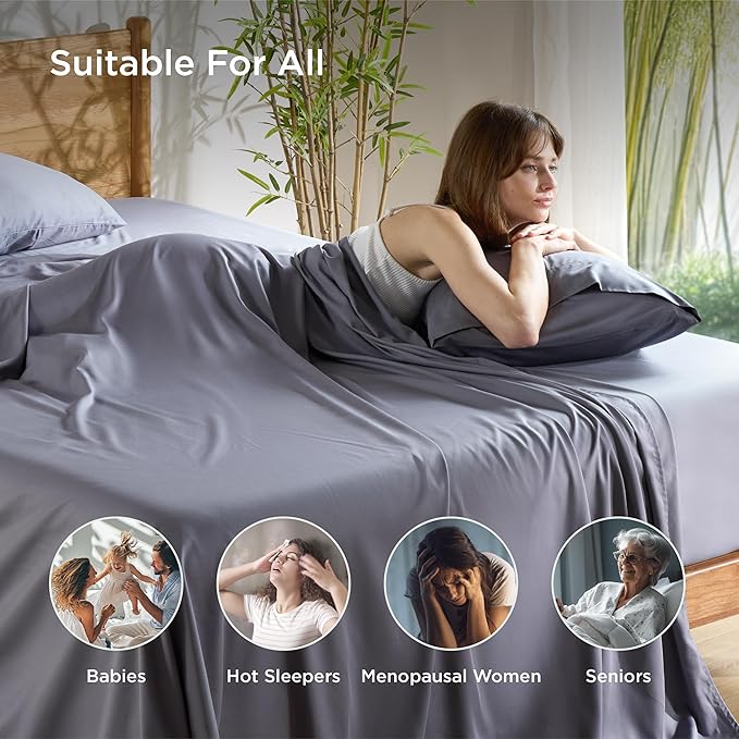 Bedsure Cooling Sheets for Full Size Bed, Viscose Derived from Bamboo, Deep Pocket up to 16", Breathable Soft Bed Sheets & Pillowcases, Dark Grey