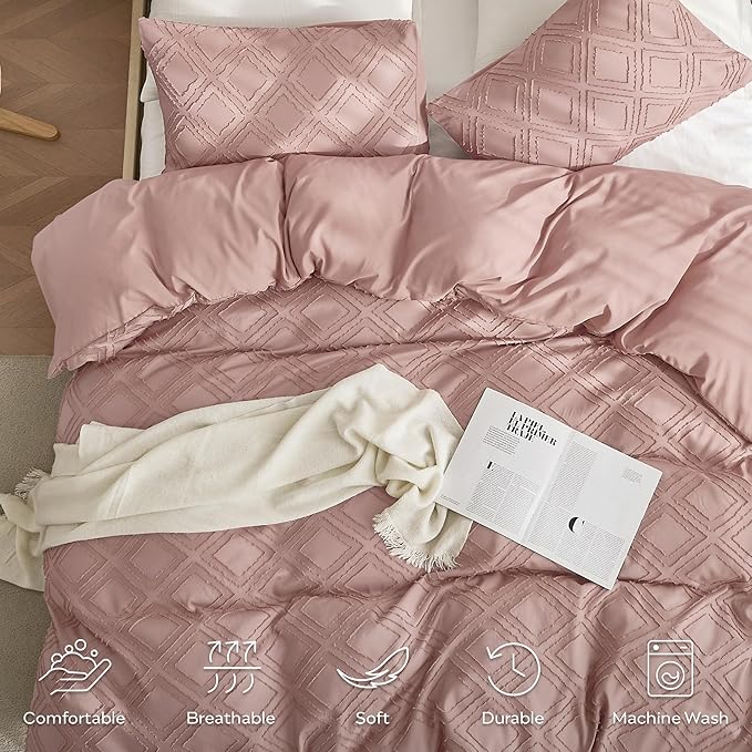 JELLYMONI Duvet Cover Twin Size Smokey Pink - 3PCS Boho Duvet Cover Set Plaid Polyester Tufted Bohemian Jacquard Knit Textured Comforter Cover 68×90in Rhombic Geometric Pattern Corner Ties & Zipper