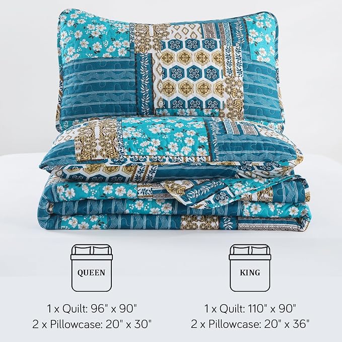 Mybedsoul Dusty Blue Quilt Set Queen Size, 3 Pieces Plaid Floral Bedspread Set Patchwork Reversible Bedding Set Microfiber Lightweight Bedspread Coverlet Set for All Season 96"x90"