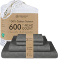 Threadmill 100% Cotton Sheets for Full Size Bed - 600 Thread Count Full Bed Sheets Set with 16” Deep Pocket - Jacquard Sateen Weave 4-Piece Bedding Set with Cooling Effect, Dark Grey