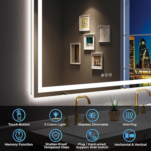 55x36 Inch LED Bathroom Mirror with Lights Front and Backlit Lighted Vanity Mirror for Bathroom Wall with 3 Colors Dimmable Anti-Fog Memory Shatter-Proof IP54 Waterproof Horizontal/Vertical