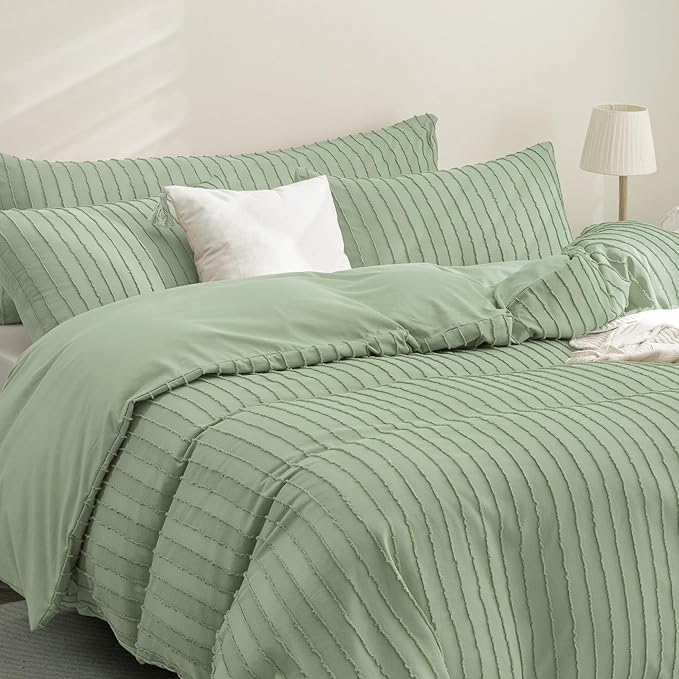 JELLYMONI Duvet Cover Queen Size Light Green - 3PCS Boho Striped Duvet Cover Set Polyester Tufted Bohemian Textured Comforter Cover 90×90in with Corner Ties & Zipper and 2 Pillowcases