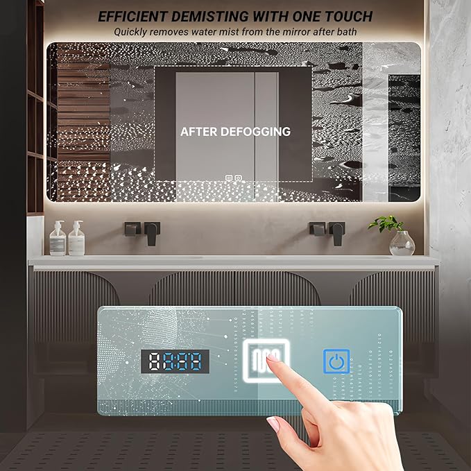 Double Bathroom Vanity with Sink, 56IN Floating Bathroom Vanity Set with LED Smart Defogging Mirror Cabinet and Open Shelf, Oak Wood Bathroom Cabinet with Two Drawers and Bottom Open Storage (Grey)