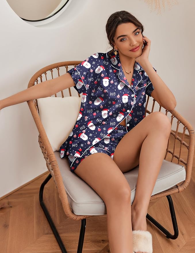 Ekouaer Silk Pajamas for Women Short Sleeve Sleepwear Soft Button Down Loungewear 2 Piece Satin Pjs Shorts Set