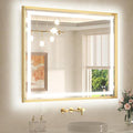 TETOTE 42 x 36 Led Mirror Brushed Gold Metal Frame Frontlit & Backlit Vanity Mirror Anti-Fog Stepless Dimmable 3 Colors White/Warm/Natural Wall Mirror with Lights Wall-Mounted