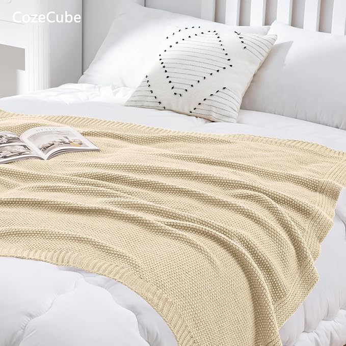CozeCube Beige Throw Blanket for Couch, Soft Cozy Cable Knit Throw for Bed Sofa Living Room, Lightweight Warm Decorative Farmhouse Christmas Blanket, 50"x60", Light Beige