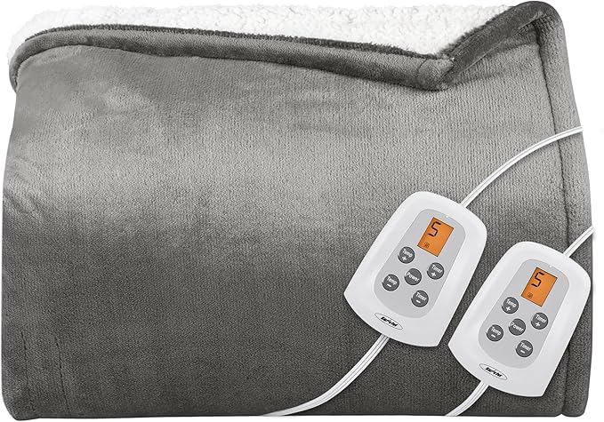 SUNVIVI Heated Blanket Queen Size, Electric Throw Dual Control, 5 Years Warranty, 10 Heat Settings, 12 Hours Auto Off, Soft Flannel and Sherpa, Machine Washable, ETL Certified, Grey, 84x90 Inch
