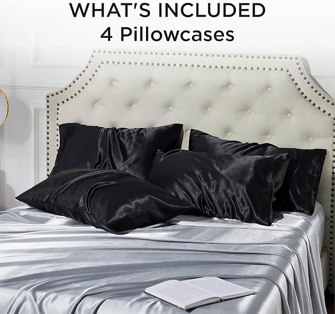 Bedsure King Size Satin Pillowcase Set of 4 - Black Pillow Covers for Hair and Skin 20x36 Inches with Envelope Closure, Similar to Silk Pillow Cases, Gifts for Women Men