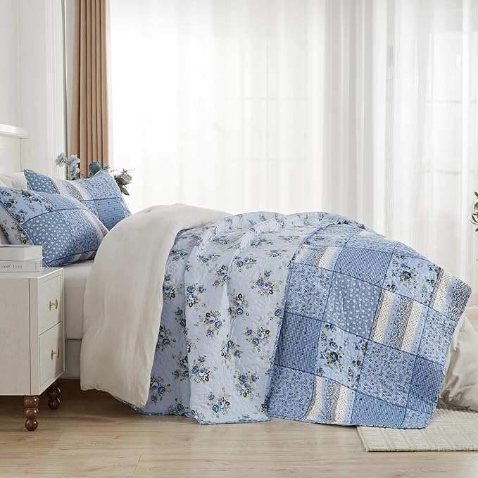 ENJOHOS Blue Plaid Floral Quilt Set King Size 98"x106", 3 Pcs Boho Bedspread Coverlet Set for All Season, Patchwork Reversible Bedding Set King