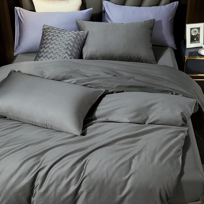 MooMee Duvet Cover Set 100% Extra Long Staple Cotton 600 Thread Count Silky Sateen Smooth Luxury Soft Breathable Durable Hotel Quality Bedding, 3 Pieces (Dark Gray, King 104"x90")