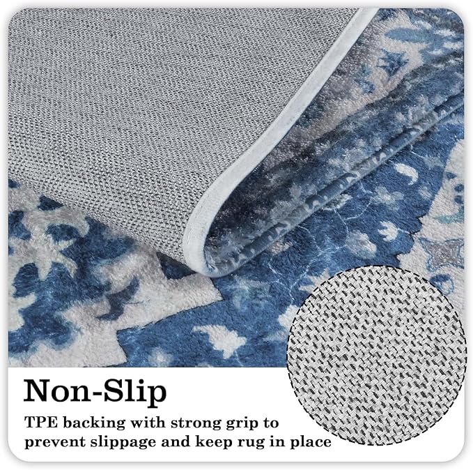Uphome Vintage Bathroom Runner Blue Boho Non-Slip Long Bath Mat Oriental Soft Machine Washable Bedroom Rug Traditional Tribal Floral Floor Carpet for Kitchen Hallway Kids Room, 24x59 inch