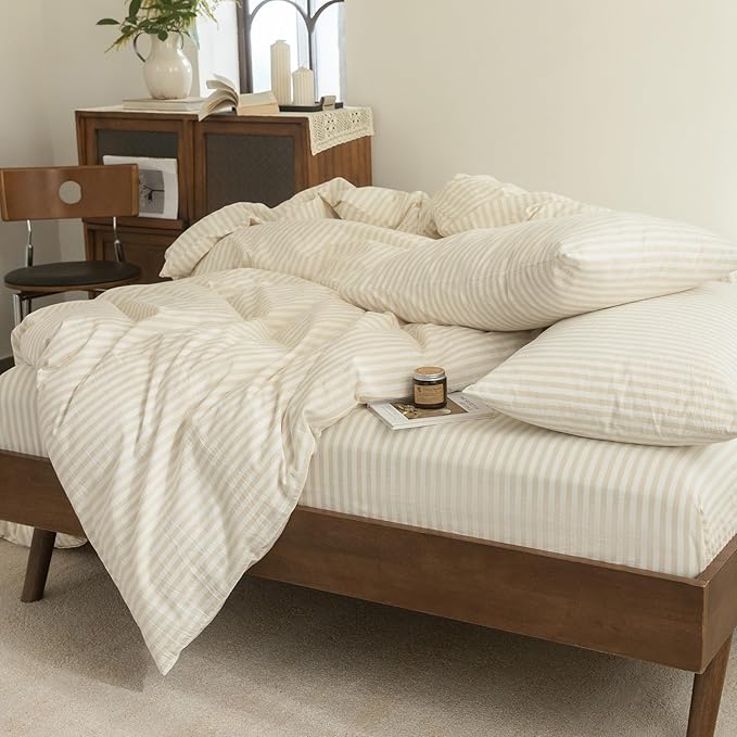 FOSSA Striped Duvet Cover Set 100% Washed Cotton Linen Feel Super Soft Breathable Cozy 3 Pieces Bedding Sets Almond Milk Grey Classic Stripes Queen