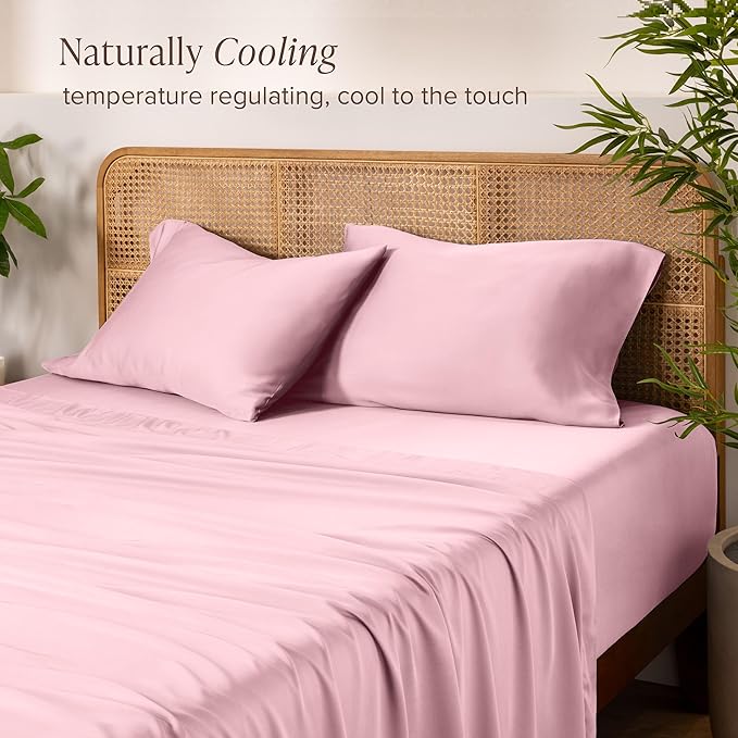 Bare Home 100% Rayon Made from Bamboo Split Head Flex King Sheet Set - 4 Piece Bedding Set - Deep Pockets - Breathable - Easy Fit - Bedding Sheets & Pillowcases (Split Head Flex King, Light Pink)
