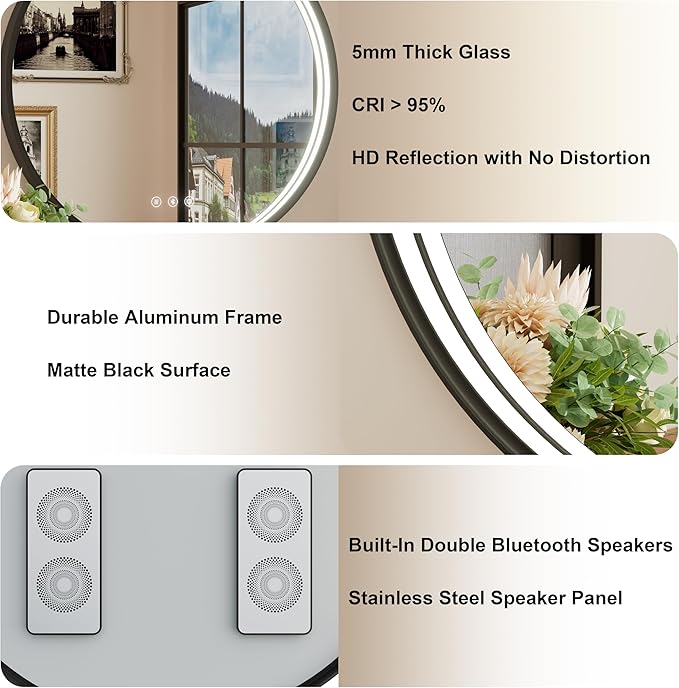 36 Inch Round LED Bathroom Mirror with Bluetooth, Black Lighted Bathroom Mirror Wall Mounted, Dimmable, Anti-Fog, 3000K/4500K/6000K