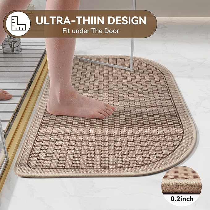 Bathroom Rugs Mat 16x24, Ultra Thin Quick Dry Absorbent Non Slip Bath Mat, Bath Mats for Bathroom Mat Carpet Fit Under Door, Woven Washable Floor Rubber Half Round Bath Rugs, Brown