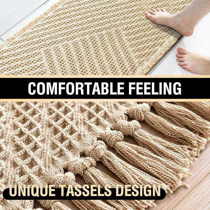 H.VERSAILTEX Waffle Bath Runner Rug Long Bath Mat Super Absorbent Boho Bath Rugs Non Slip Bath Runner for Bathroom Floor Machine Washable Dry Fast Bathroom Rugs with Tassels, 24" x 72", Sand