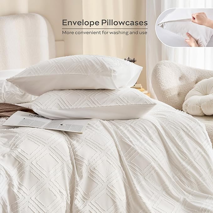 JELLYMONI Duvet Cover King Size White - 3PCS Boho Duvet Cover Set Plaid Polyester Tufted Bohemian Jacquard Knit Textured Comforter Cover 104×90in Rhombic Geometric Pattern Zipper Corner Tie