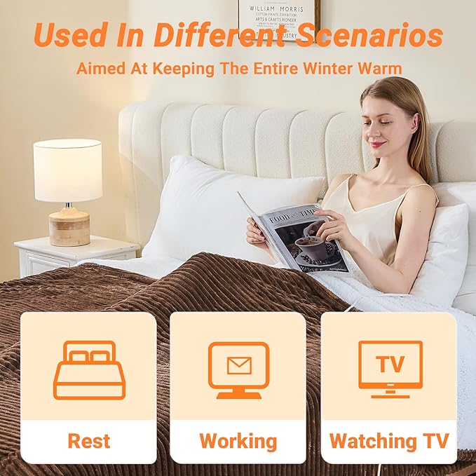 Heated Blanket Electric Full, Soft Flannel Heating Blanket with 8 Hours Auto Off 10 Fast Heating Levels Machine Washable Sherpa Heated Blanket with Overheating Protection