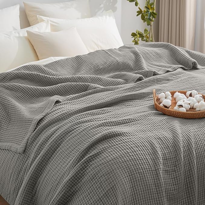 PHF 100% Cotton Waffle & Muslin Blanket Twin Size, Soft Breathable Luxury 400GSM Versatile Reversible Bedding for Bed, Great for Layering in Cold Weather, Home Decor Gift, 66" x 90", Frosted Grey