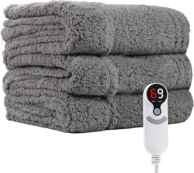 Electric Heated Blanket 6 Heating Settings & 1-10H Auto Off Full 72×84 Double Sided Plush Sherpa Ultra-Soft Warm Thick, Machine Washable, Fast Heating, Home Office Light Gray