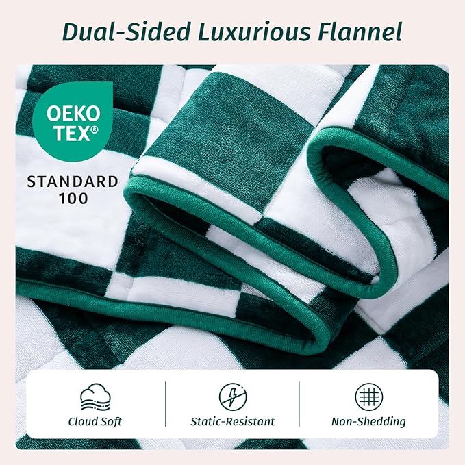 Wemore Flannel Fleece Weighted Blanket for Adult Twin Size 15 lbs, Dual Sided Luxurious Checkerboard Grid Heavy Blankets, Ultra Soft Throw Blanket, Plaid Green, 48 x 72 inches